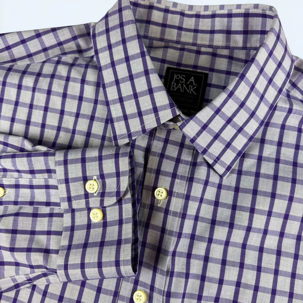 Jos. A. Bank Button Down Shirt Mens L Purple‎ Check Tailored Fit Traveler Cotton